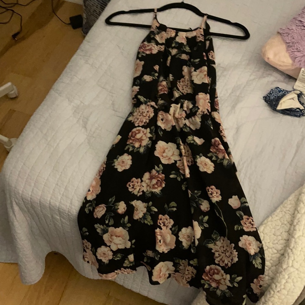 Size XS black floral halter dress